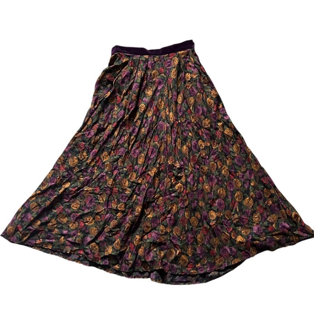 Vintage Miss Oscar de la Renta floral maxi skirt with purple velvet waist trim.